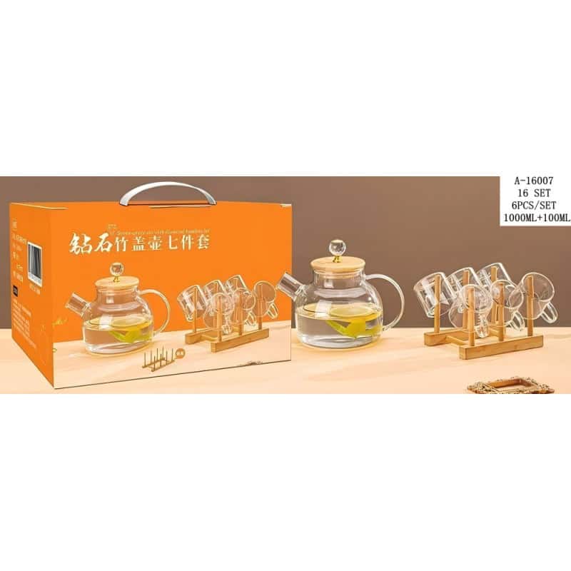 CEAINIC (1000 ML)+ 6 CANI (100ML) CU SUPORT, STICLA+BAMBUS A16007