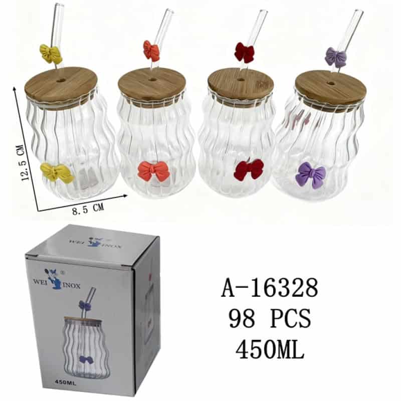 PAHAR CU PAI SI CAPAC 450 ML, STICLA+BAMBUS+PVC A16328