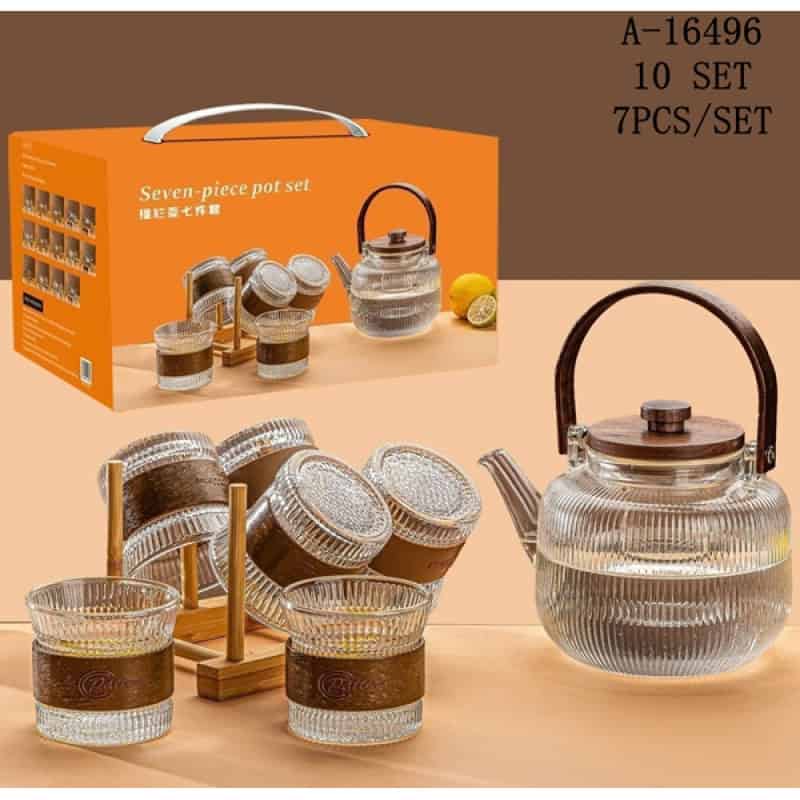 CEAINIC (1280 ML)+SUPORT CU 6 PAHARE (185ML), STICLA+LEMN A16496